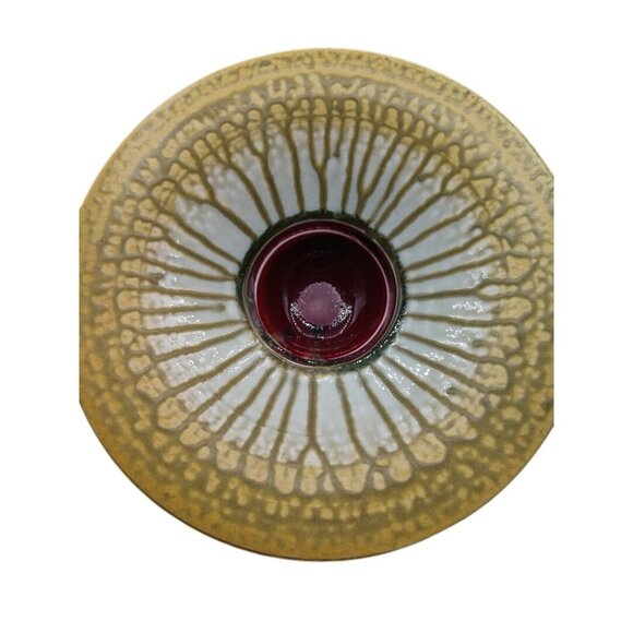 Handcrafted Ceramic Bowl With Intricate Yellow/White Pattern And Deep Red Center - Picture 9 of 9